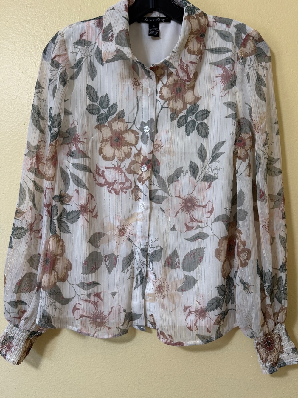 Worthington Floral Sheer Button-Down Blouse in Cream, Pink, Green